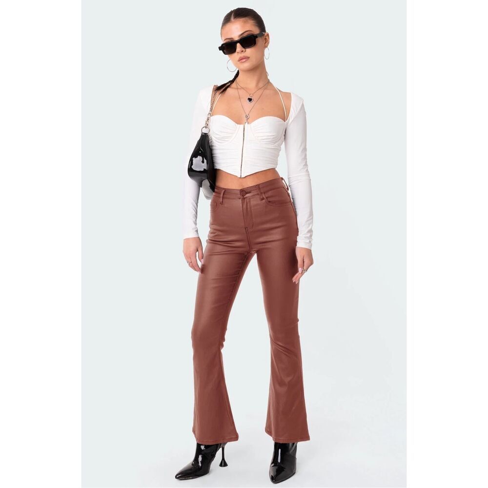 Edikted Brown Luna Faux Leather Midrise Flared Jeans Small Women